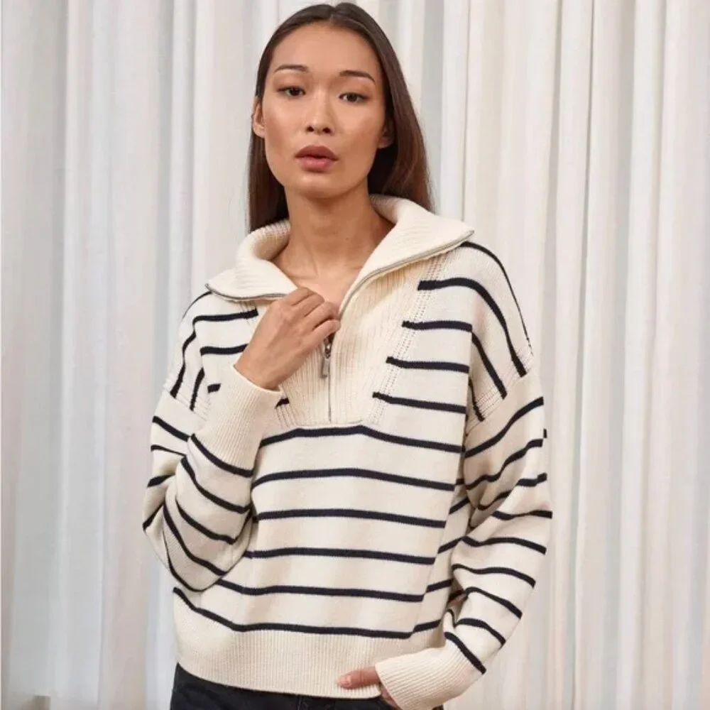 La Ligne Bastien Merino Wool Striped Quarter Zip Sweater Small - Picture 1 of 5